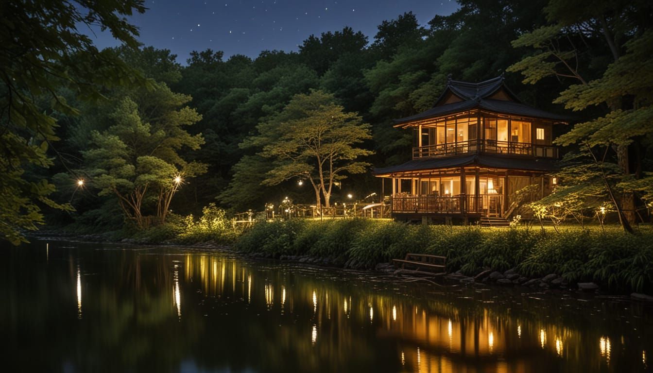 Serene Night Scene with Fireflies along the Kinu River in Ja...