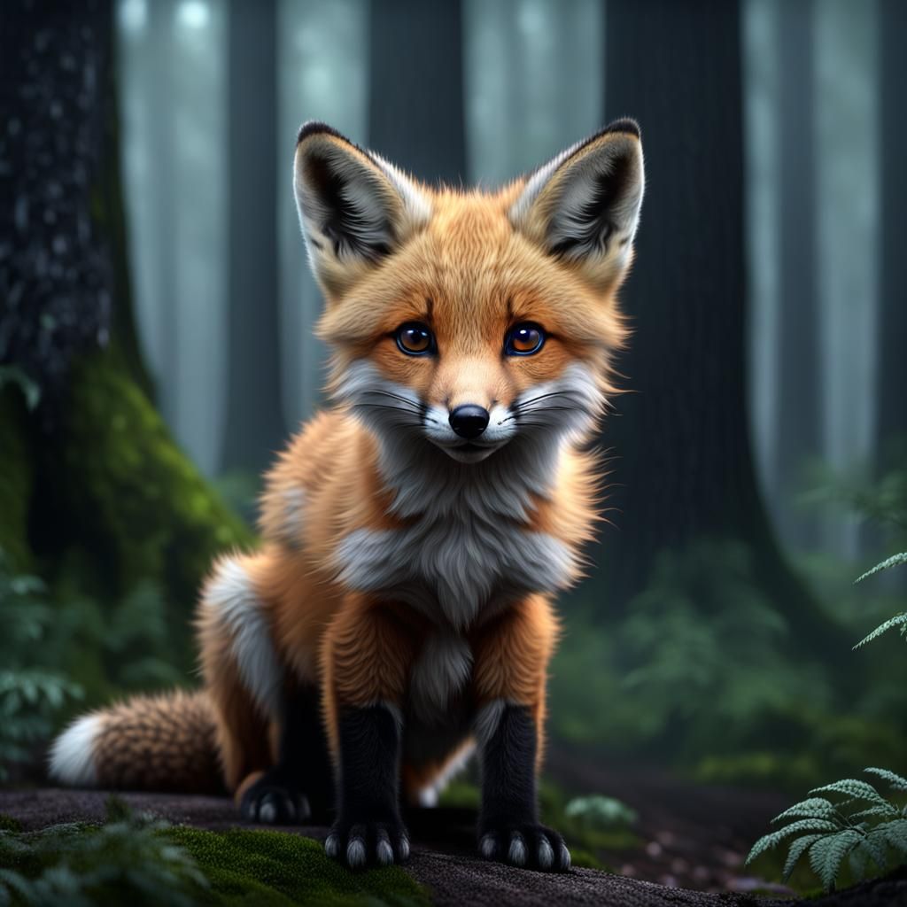 Fox Kit in Misty Forest with Cinematic Lighting