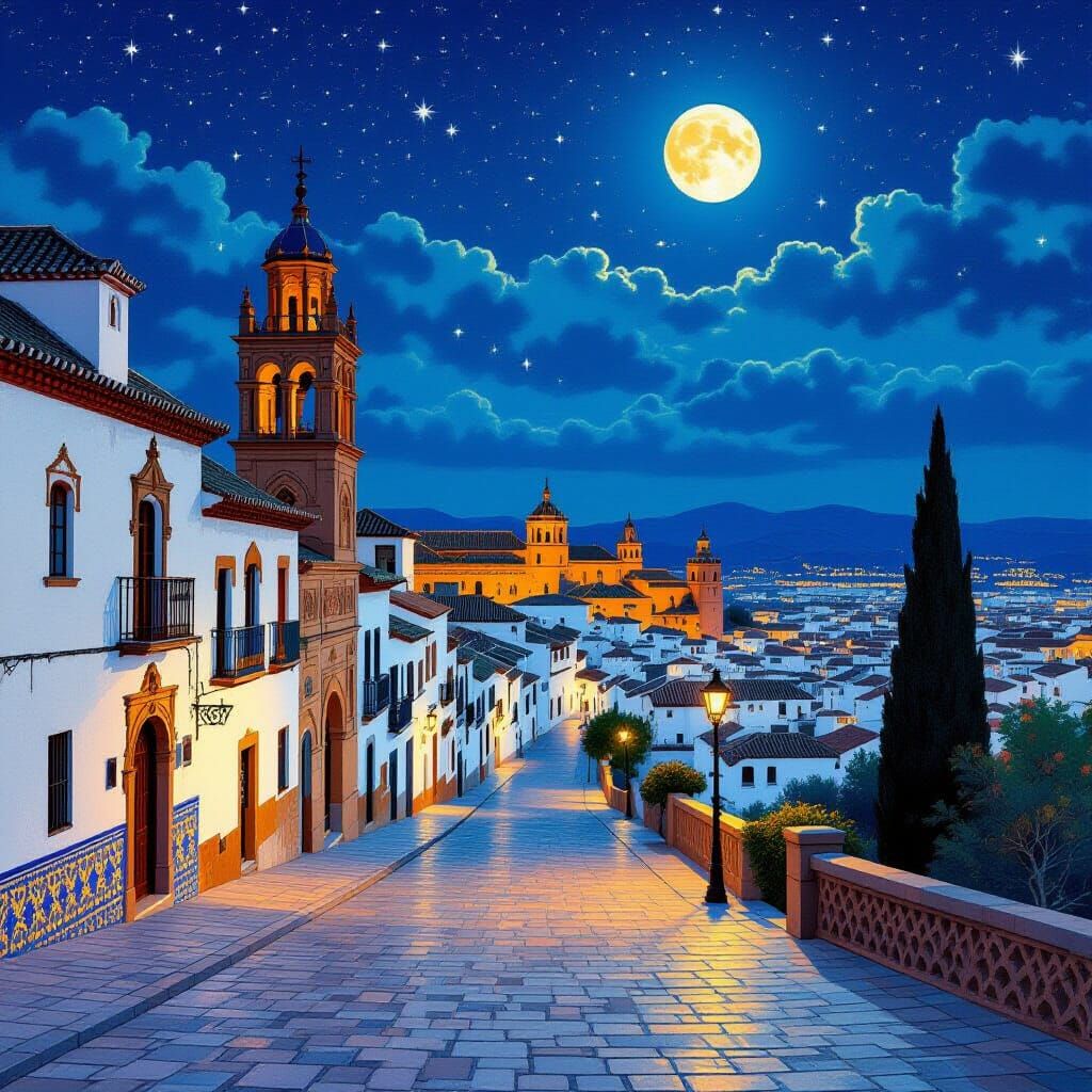 Andalusian City Nightscape in Art Nouveau Style