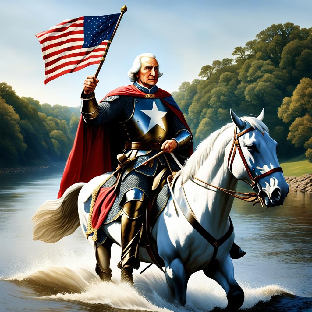 Washington as Medieval Knight Crossing Delaware River