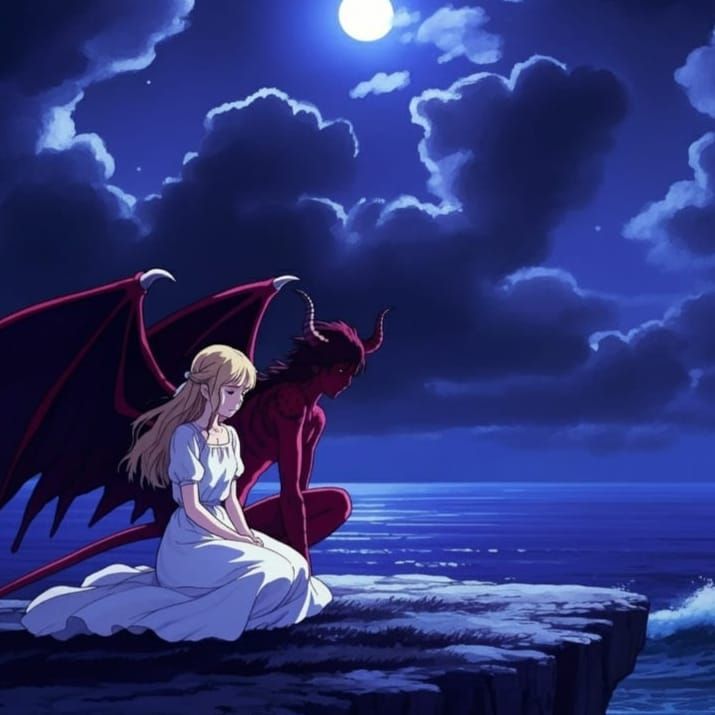 Sad Woman with Demon, Anime Oil Painting