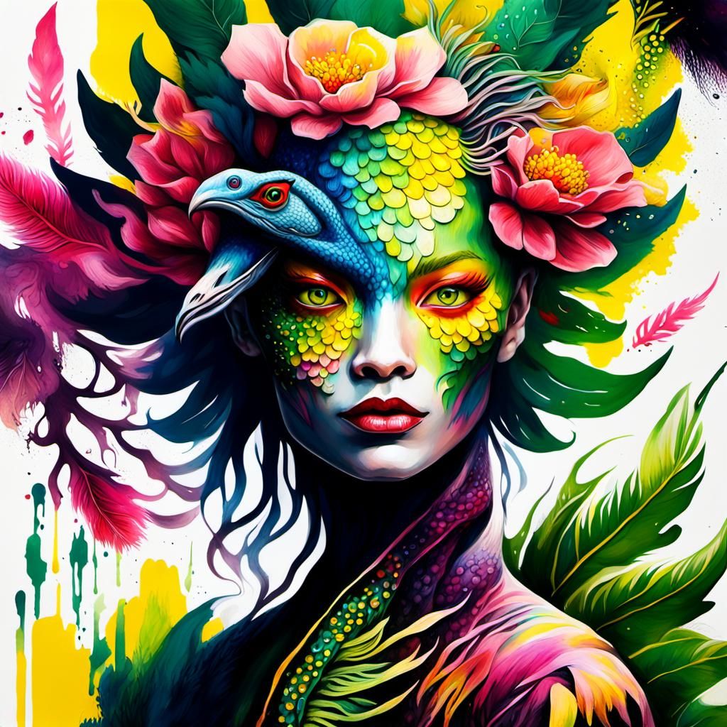 Surreal Graffiti Portrait: Dragon Peacock Woman