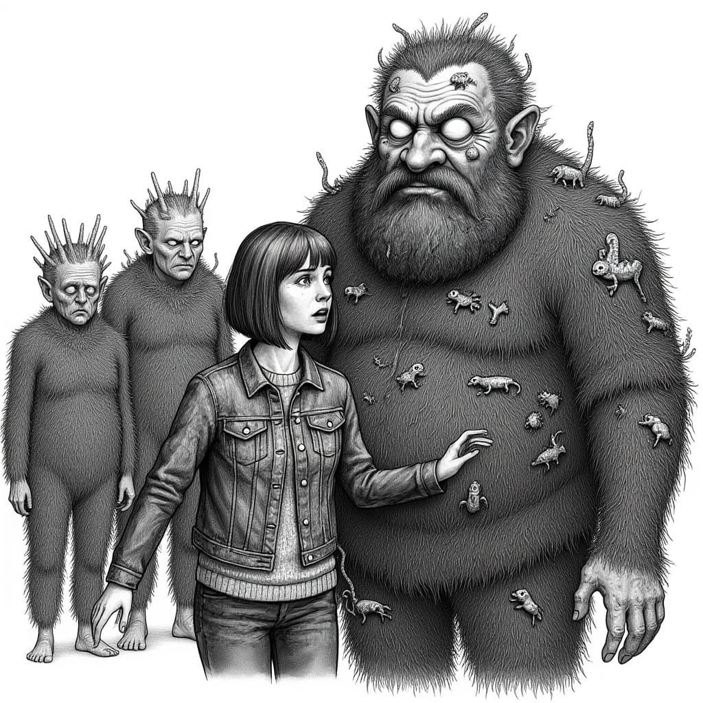 Girl in Denim with Men in Moss Suits, Charcoal Style