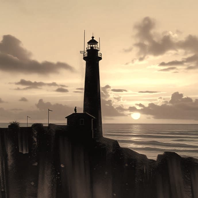 Pink Sunset Lighthouse Seascape in Cyberpunk Watercolor