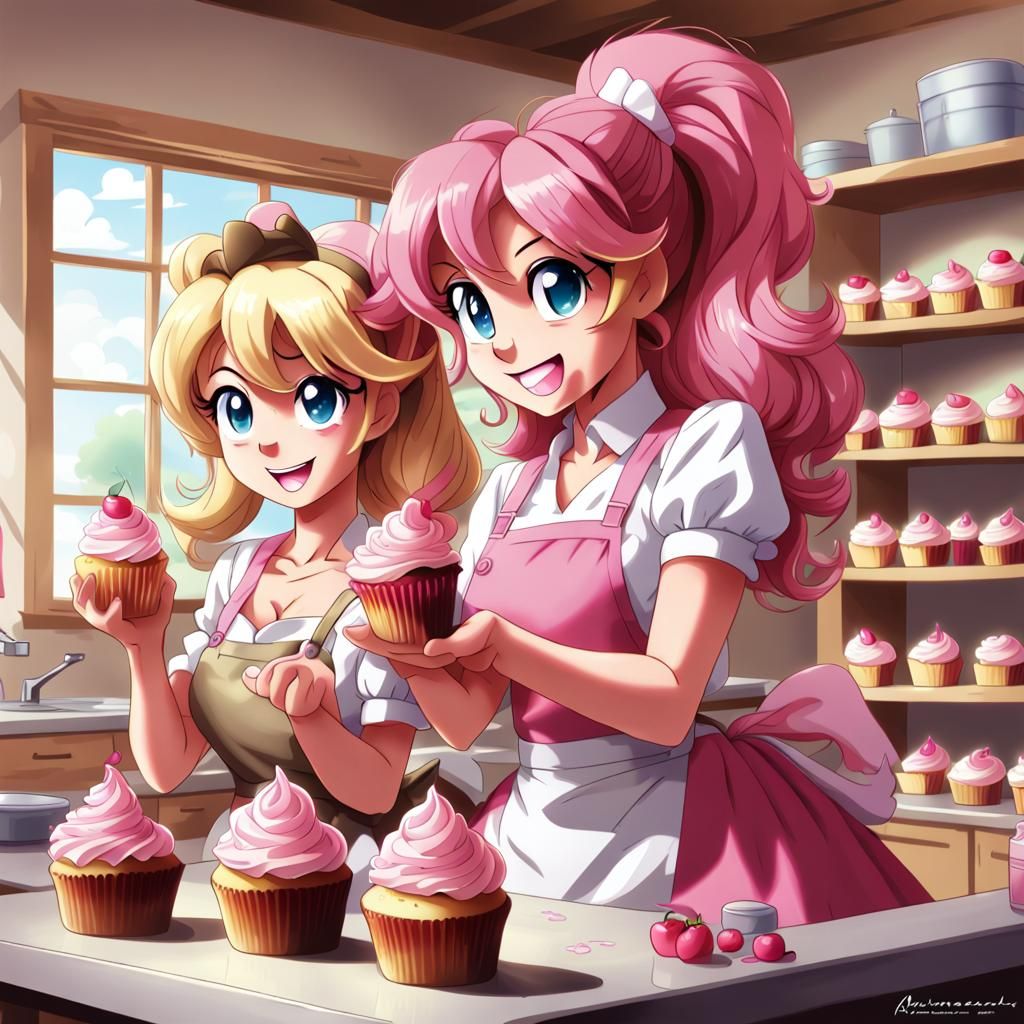Applejack and Pinkie Pie Baking Cupcakes in Anime Style