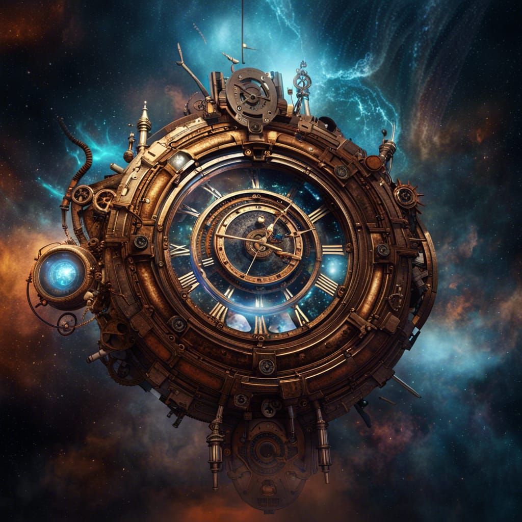 Steampunk Clock Portal with Nebula Galaxy