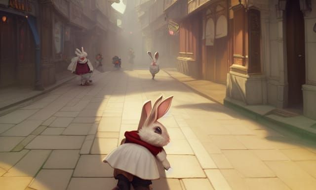 Victorian Bunny Girl in Town Square Illustration