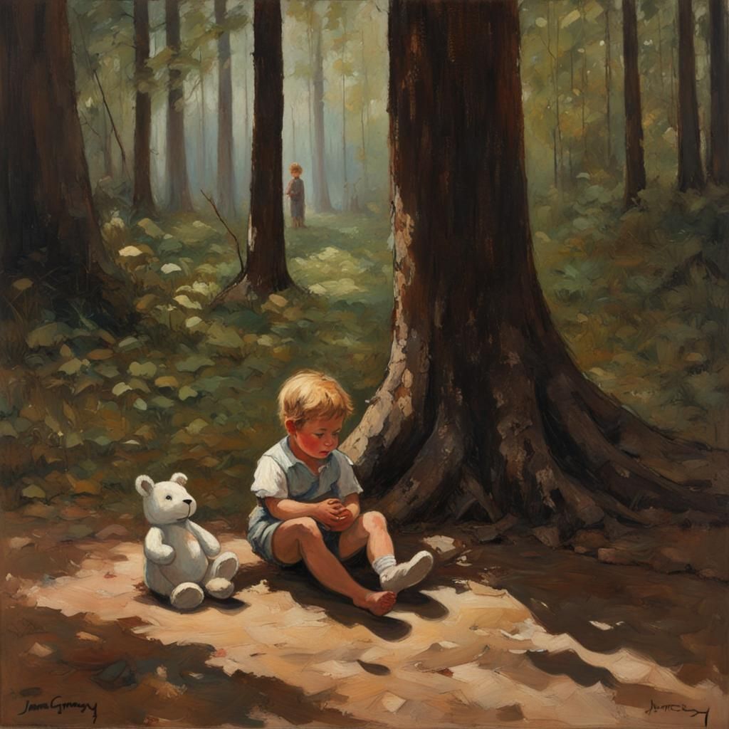 Child with Toy in Shady Forest: Oil Painting