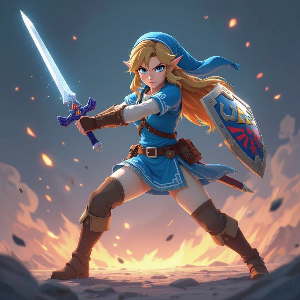 Link Zelda in Blue Outfit Fighting, Anime 3D Render