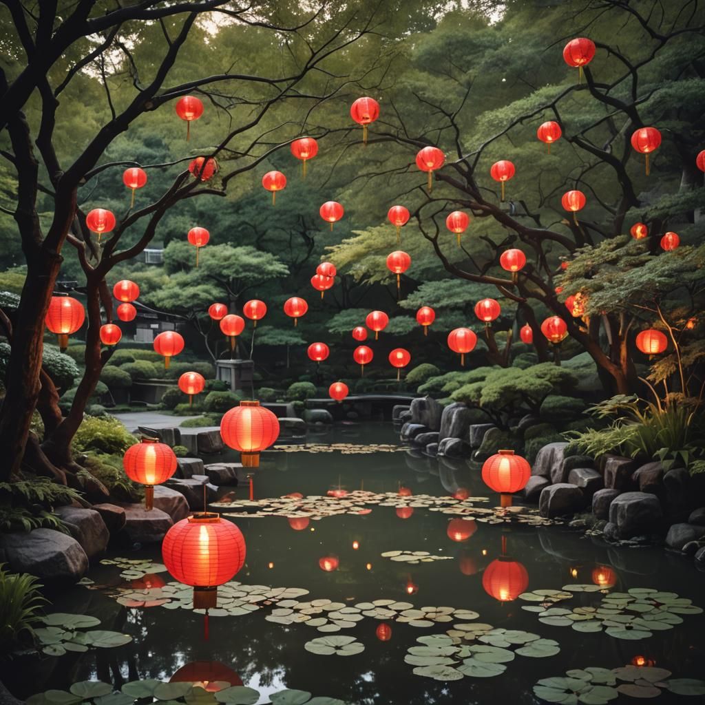 Illuminated Japanese Lanterns Over Koi Pond at Dusk