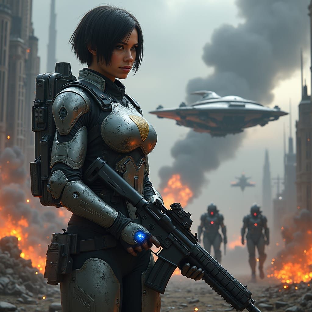 Sci-Fi Battlefield: Determined Soldier in Metallic Combat Su...