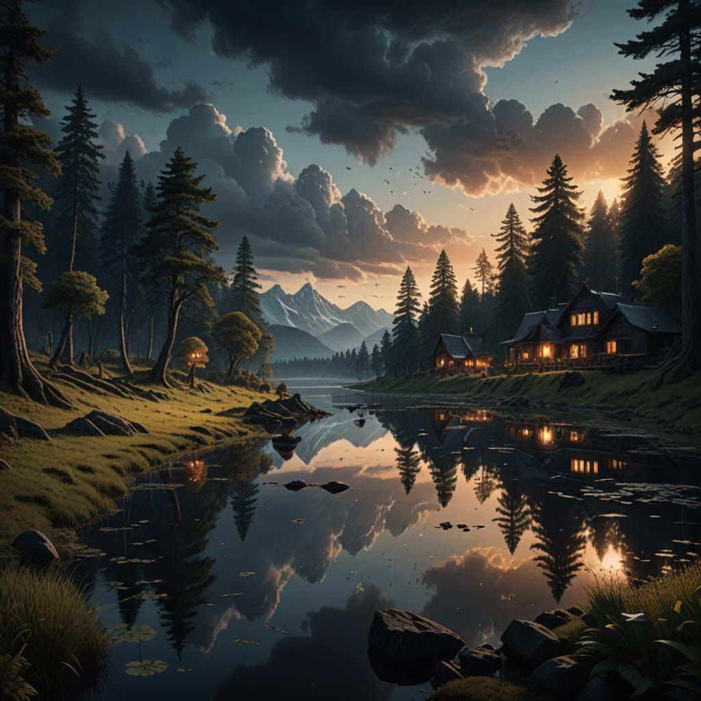 Darkness Falls on a Serene Nighttime Landscape in Digital Ma...