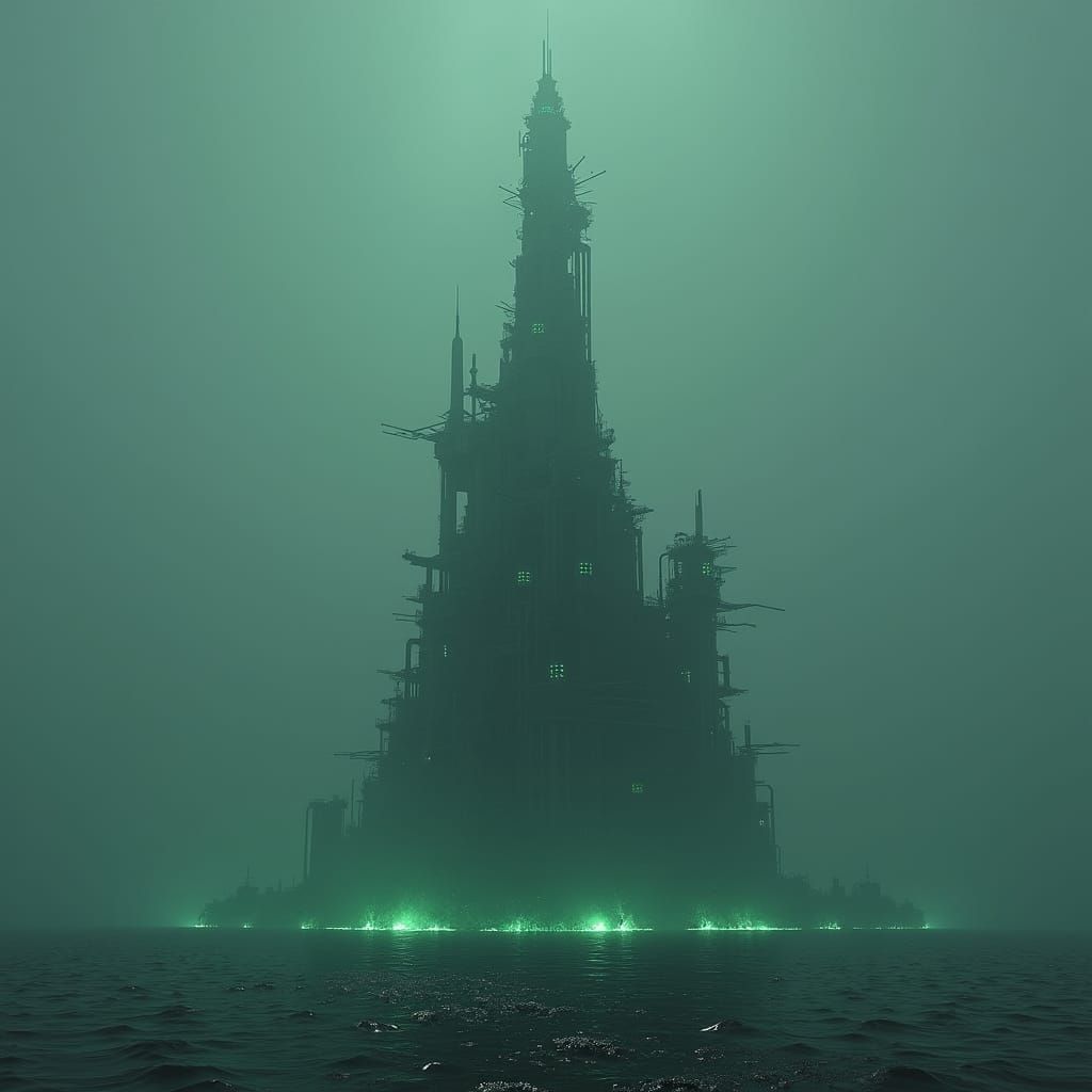 Mystical Alien Spire in Bioluminescent Ocean