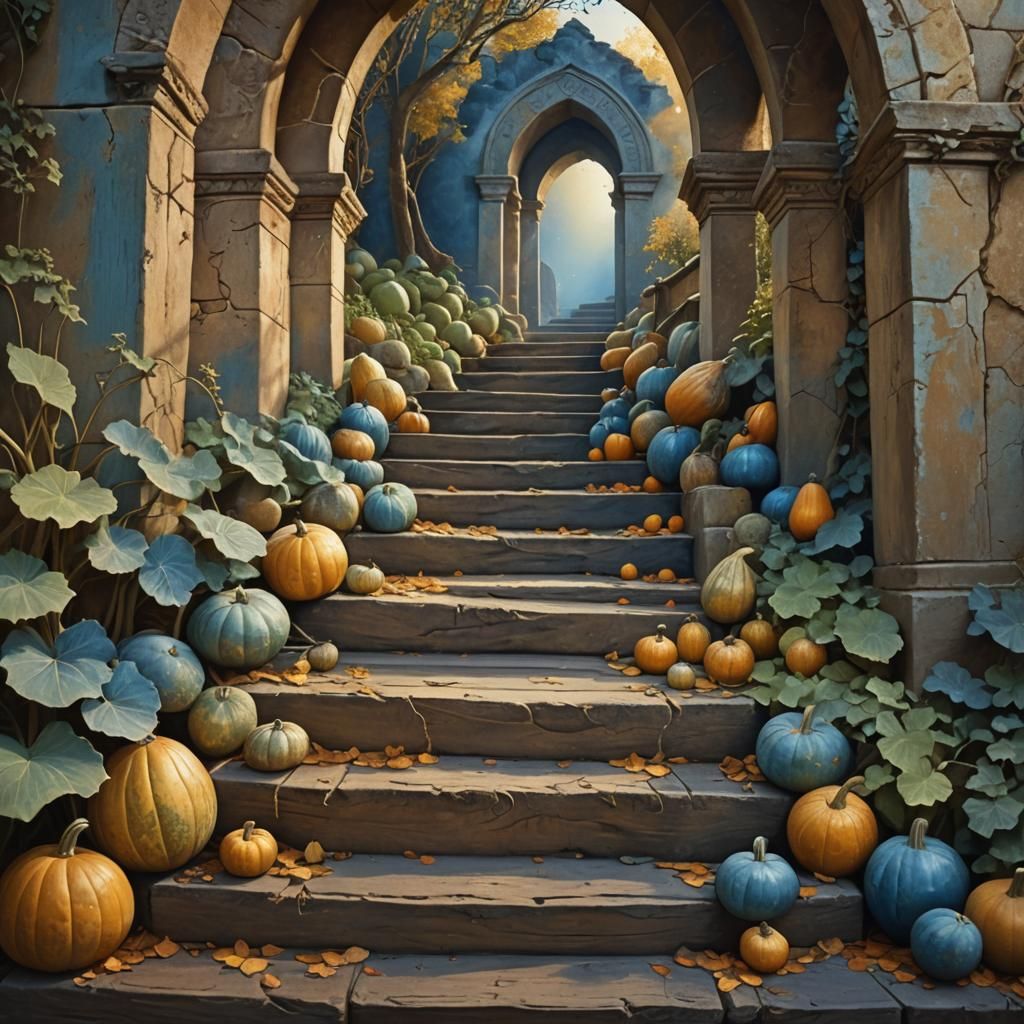 Gourds on Mystical Steps in Painterly Digital Art