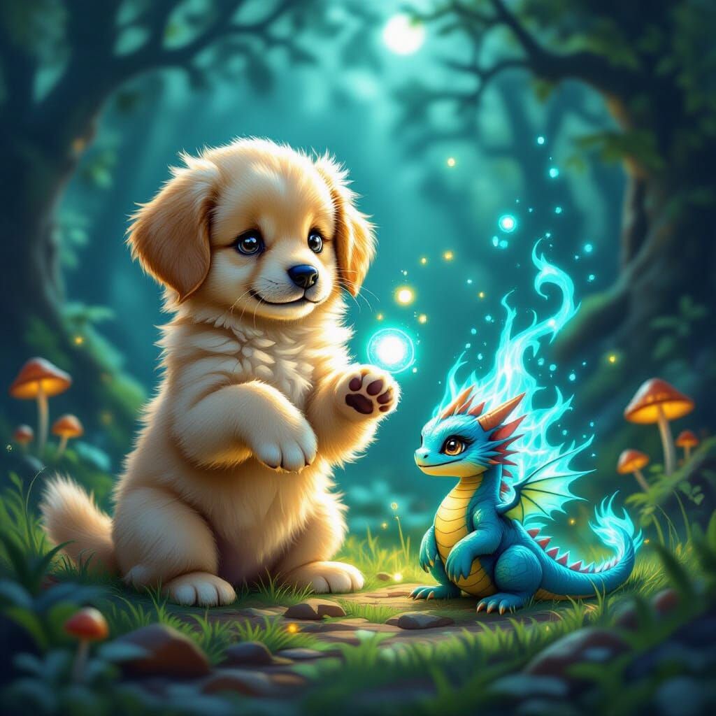 Puppy Wizard and Cyan Shadow Dragon in Mystical Forest