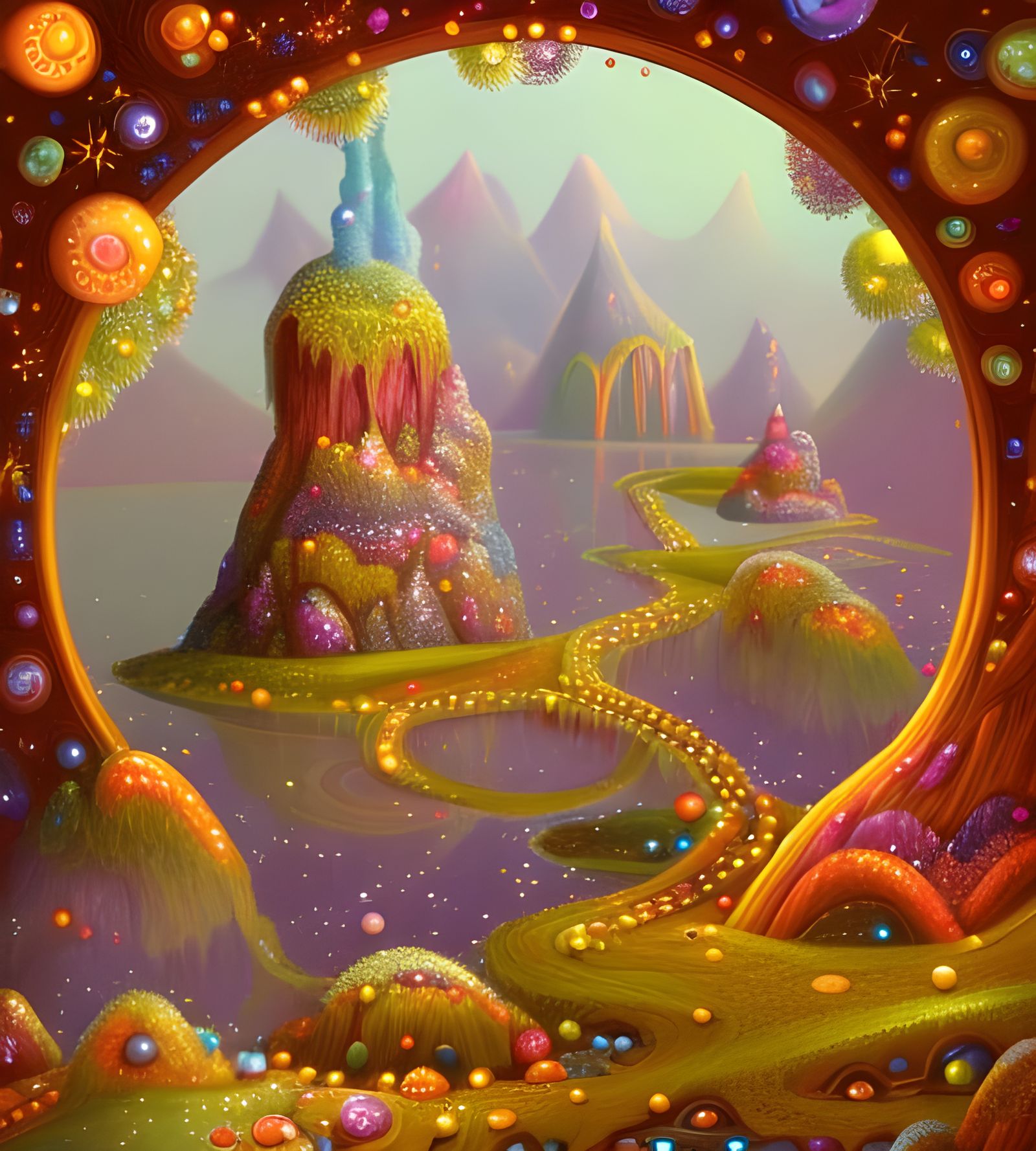 Magical Candyland Swamp in Rococo Storybook Style