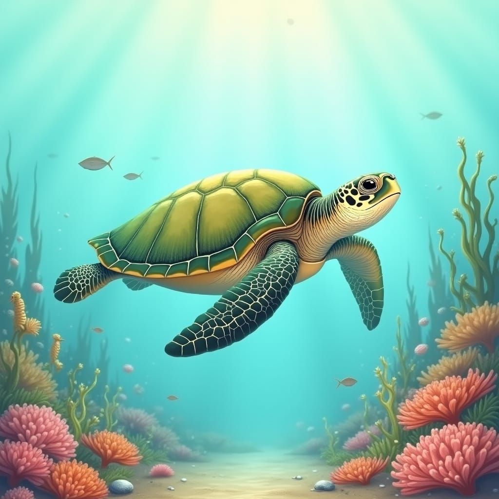 Sea Turtle in Tranquil Ocean Scene, Children's Book Illustra...