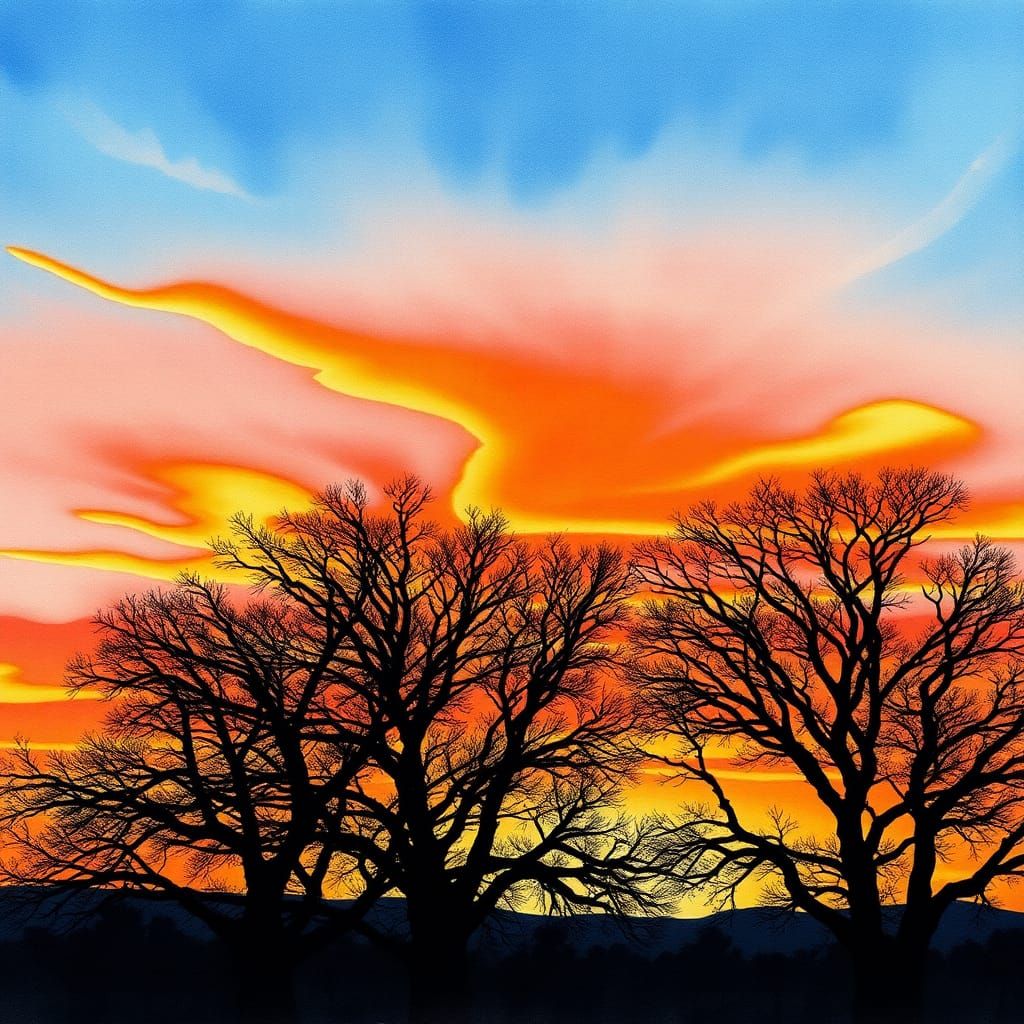 Breathtaking Sunset Sky with Tree Silhouettes as Watercolor
