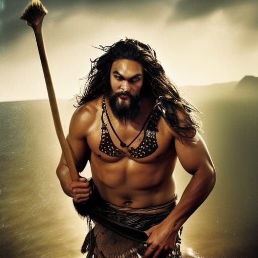 Jason Momoa as Hyperrealistic Caveman Splash Art