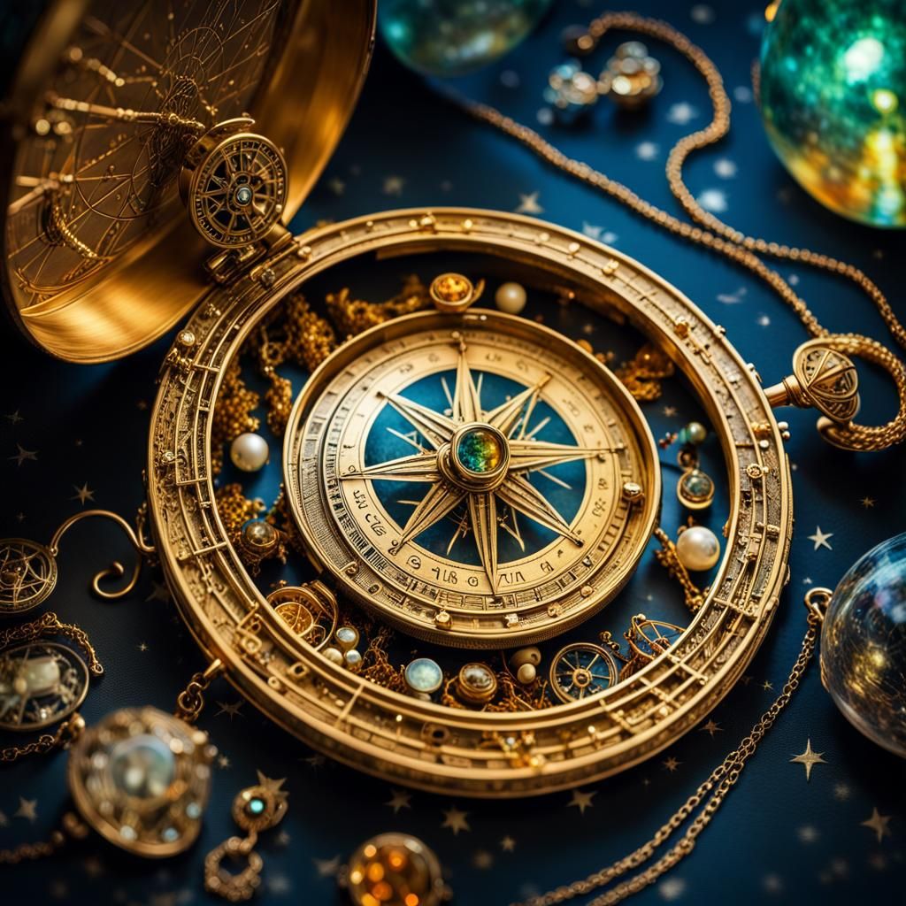 Golden Compass and Astrolabe in Aurora Borealis