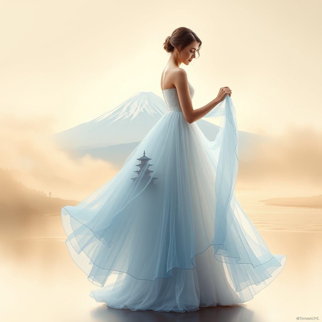 Lady in Ethereal White and Blue Tulle Gown with Mt. Fuji and...