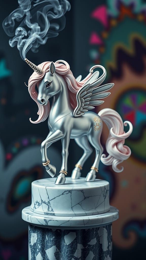 Ethereal Silver Pony amidst Vibrant Geometric Patterns