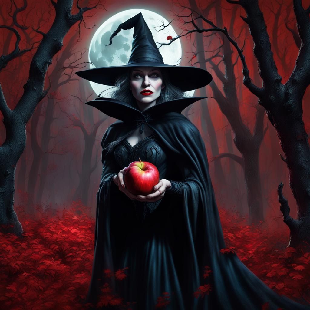 Wicked Witch in Dark Forest with Poison Apple