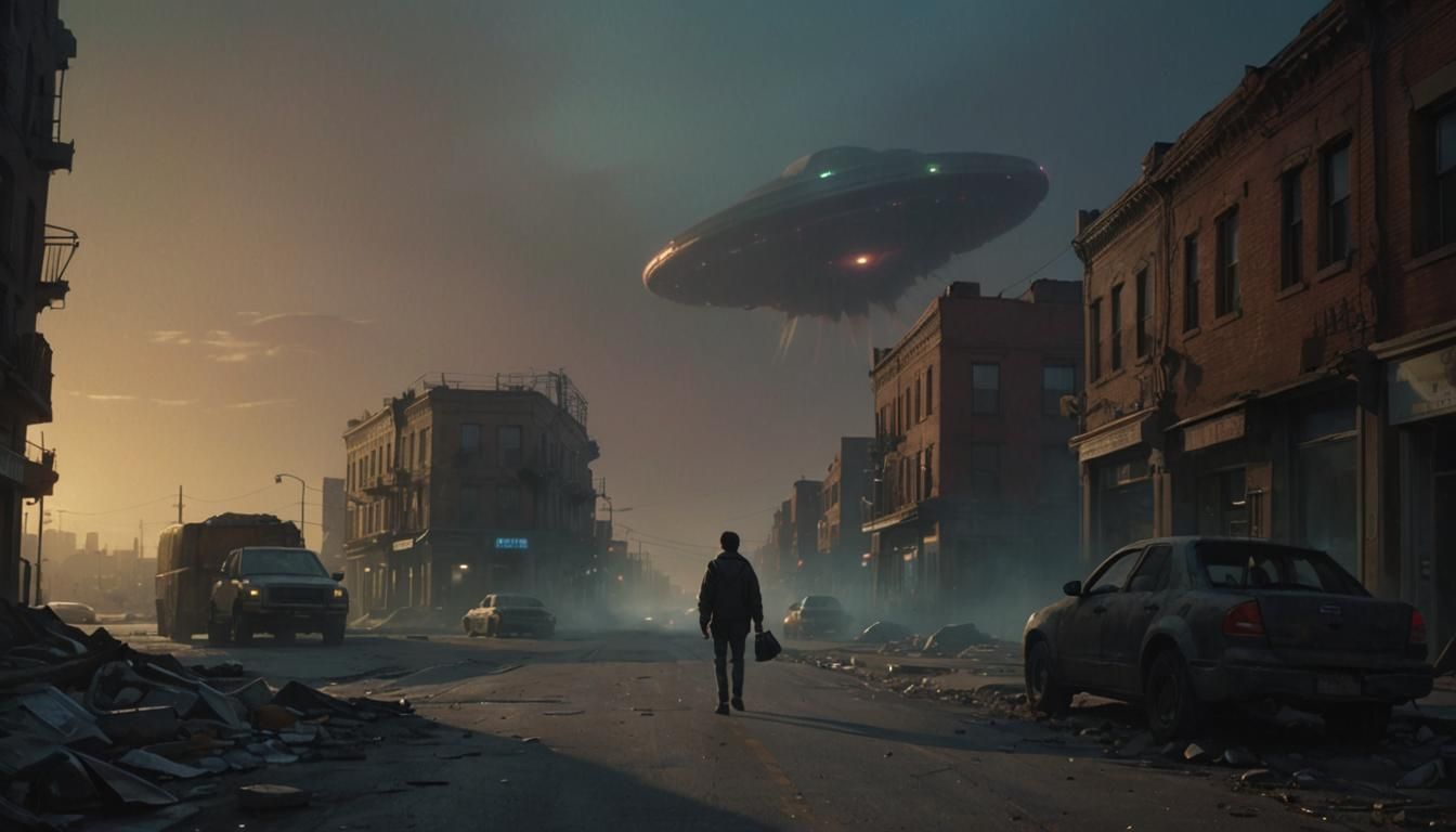 Hyperrealistic UFO Scene in Neon-Lit Cityscape