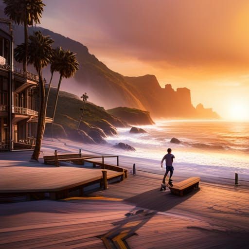 California Man Roller Skating: Detailed Matte Painting