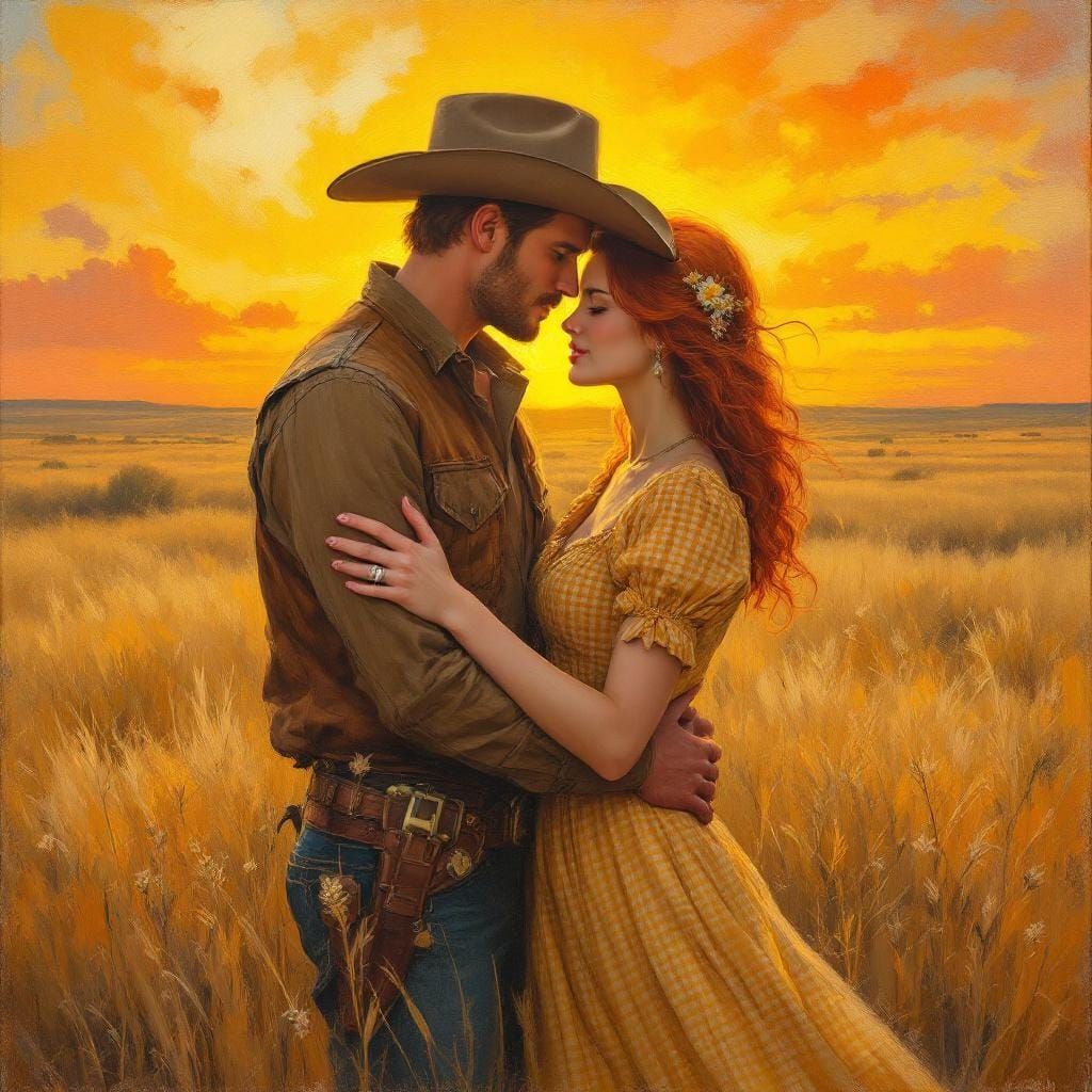 Cowboy and Woman Embrace on Kansas Prairie in Oil Painting