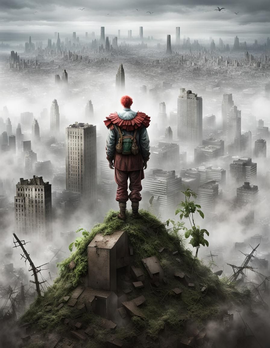 Crying Clown Overlooking Dystopian Post-War City
