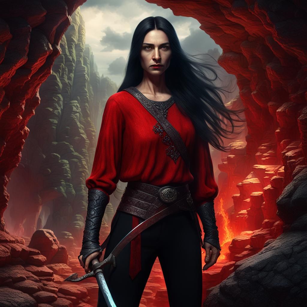 dark-haired woman exploring a cave.
