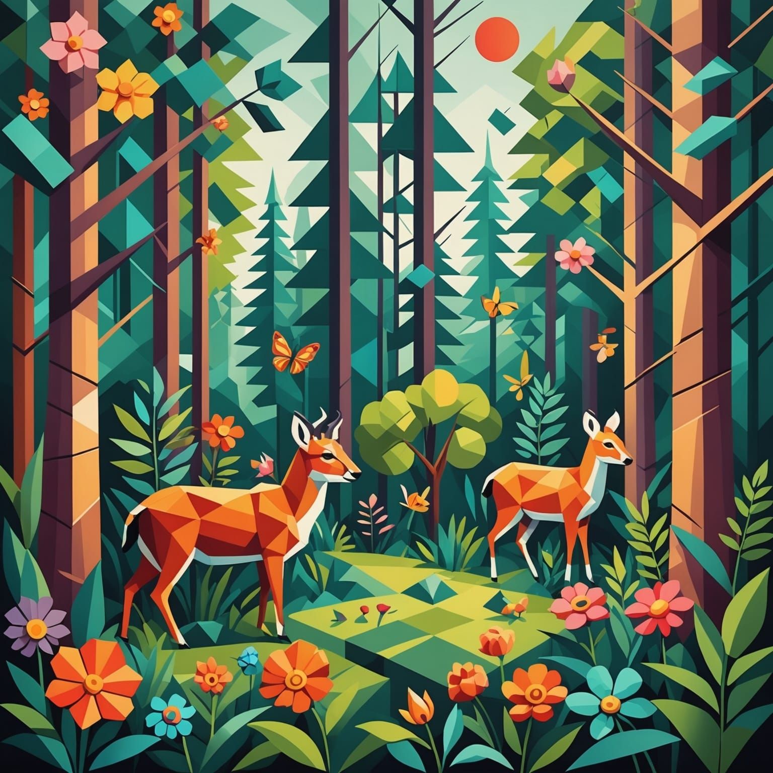Cubist Forest Scene with Animals and Flowers