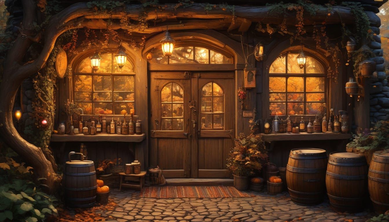 Medieval Tavern in Autumn Forest, Ink Flow & Watercolor