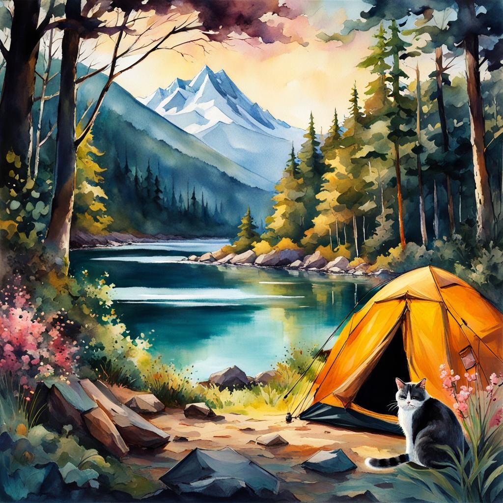 Watercolor Camping Cat by Lake with Mountains