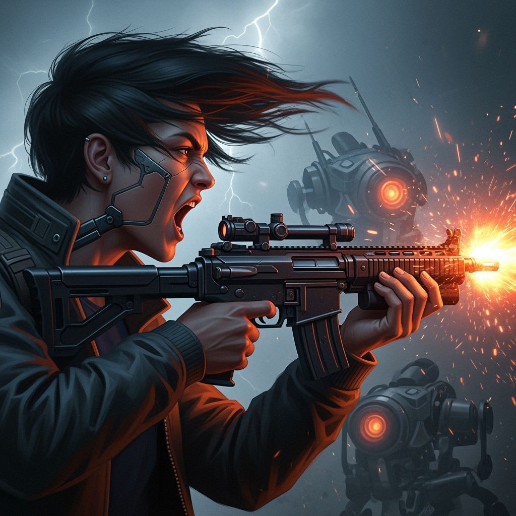 Cyberpunk Warrior Shouts into the Storm