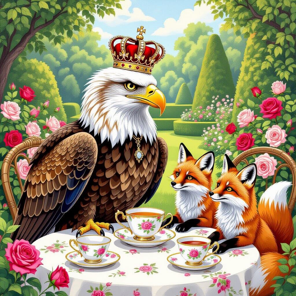 Eagle in Crown Oversees Fox Tea Party in Victorian Garden