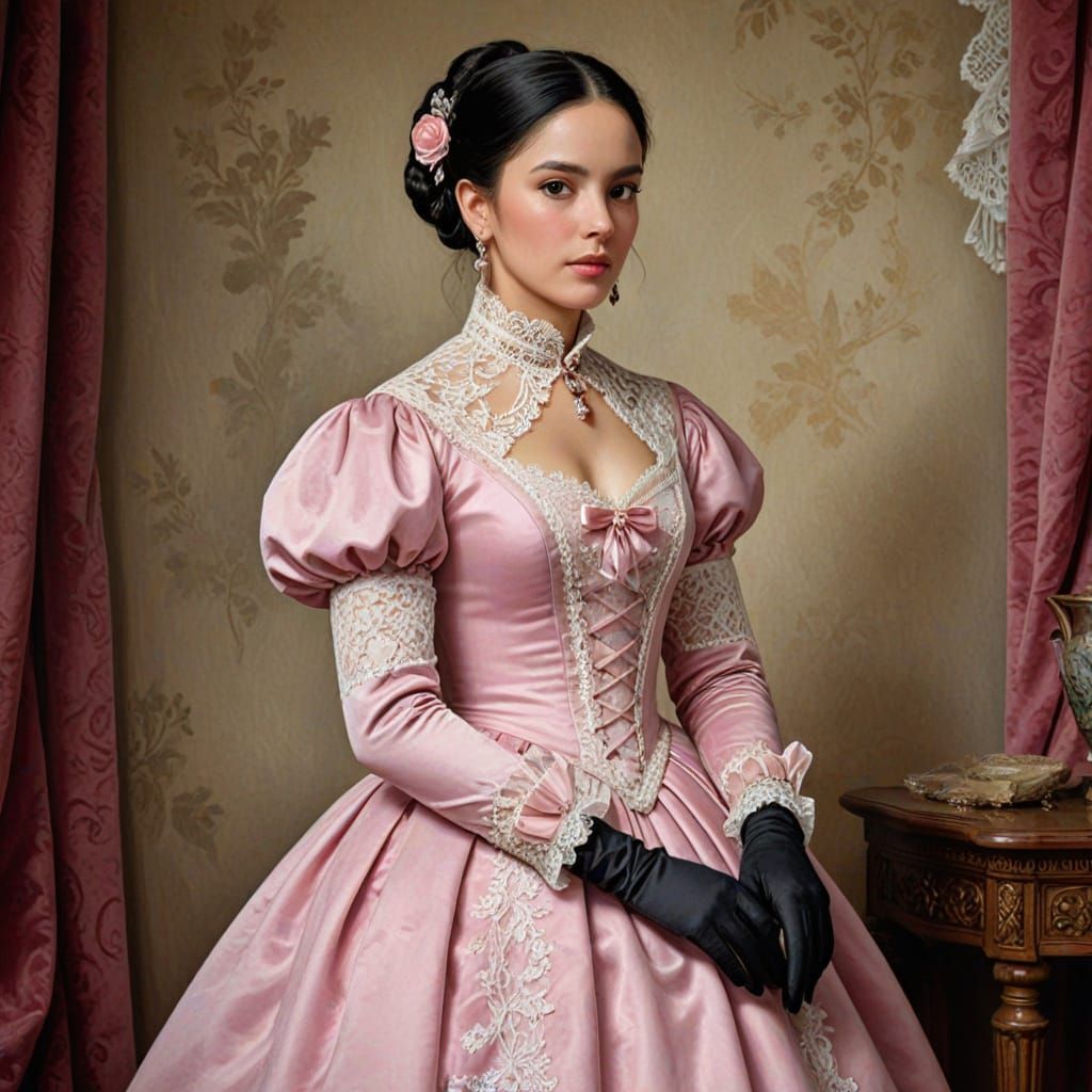 Victorian Lady Portrait with Pink Dress, Oil Painting