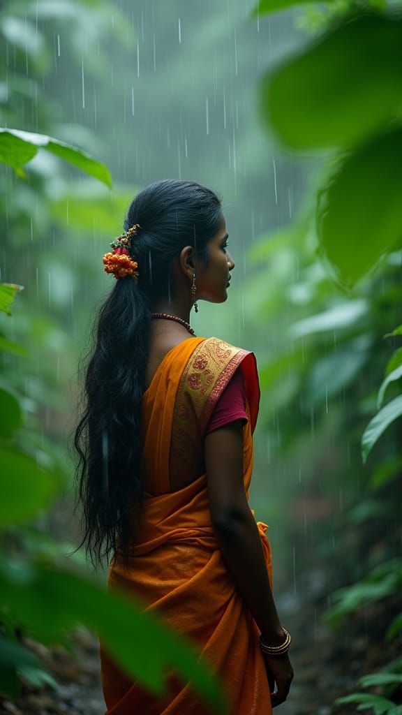 Kerala Woman in Rain: Vintage Film Aesthetic