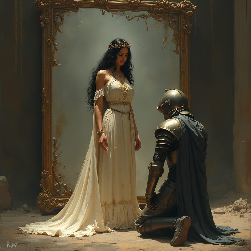 Empress in Contemplation: A Regal Figure Amidst Fractured Re...