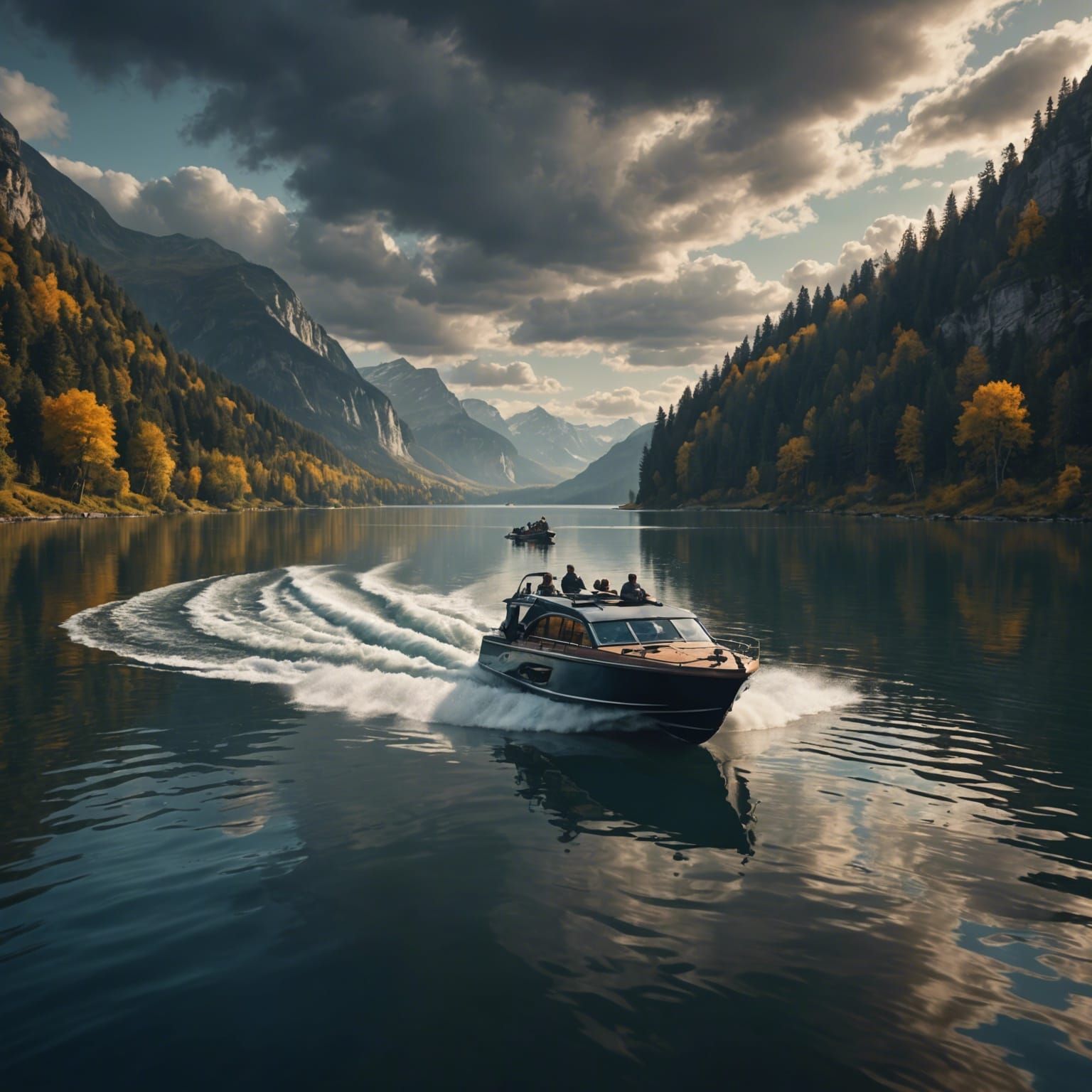 Motorboat Slaloming on Lake: Digital Matte Painting