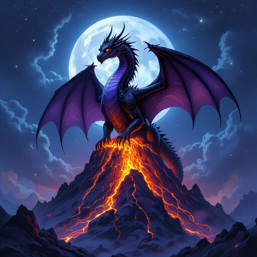Dragon on Volcano at Night in Hyperrealistic Fantasy Style