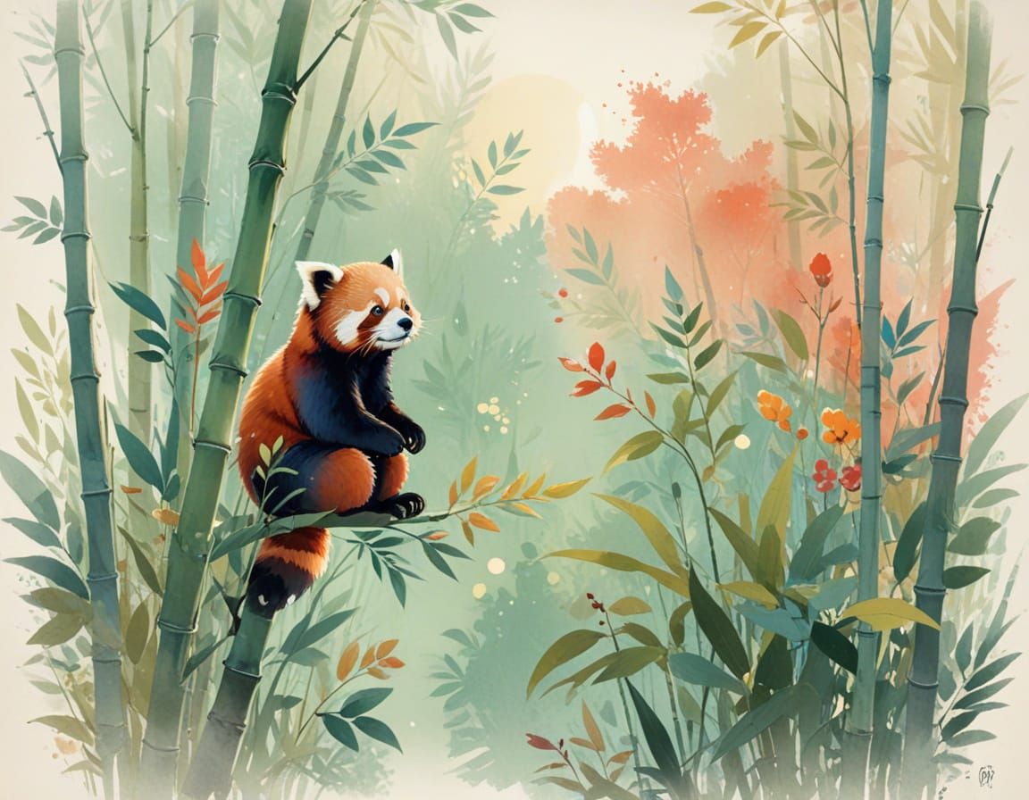 Red Panda in Bamboo Grove: Watercolor Digital Gouache