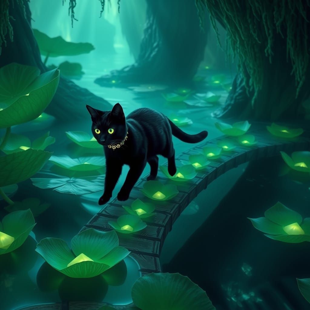 Glowing-Eyed Cat in Bioluminescent Grotto