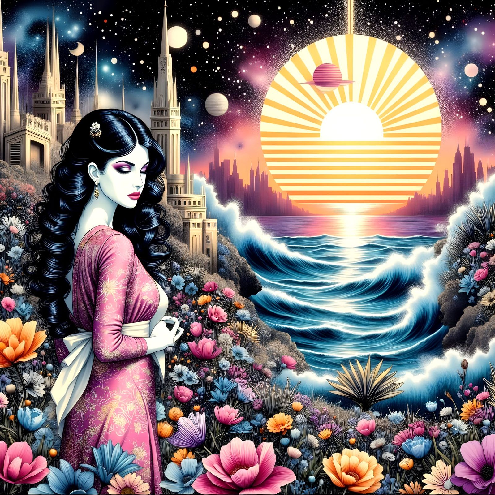 Ethereal Klimt-Inspired Goddess in Soft Pastel Hues