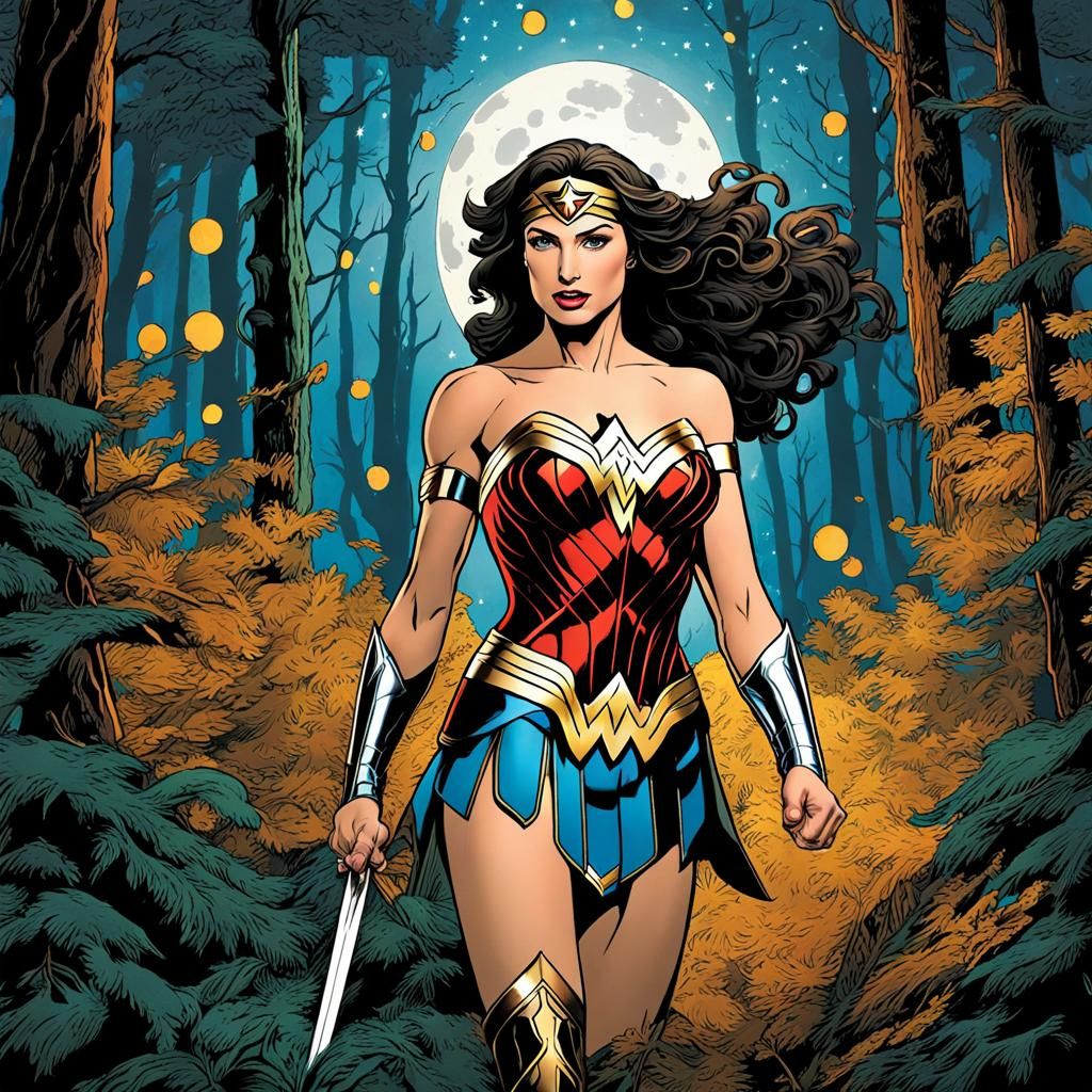 Wonder Woman Flies Through Starry Woods: Pointillism Style