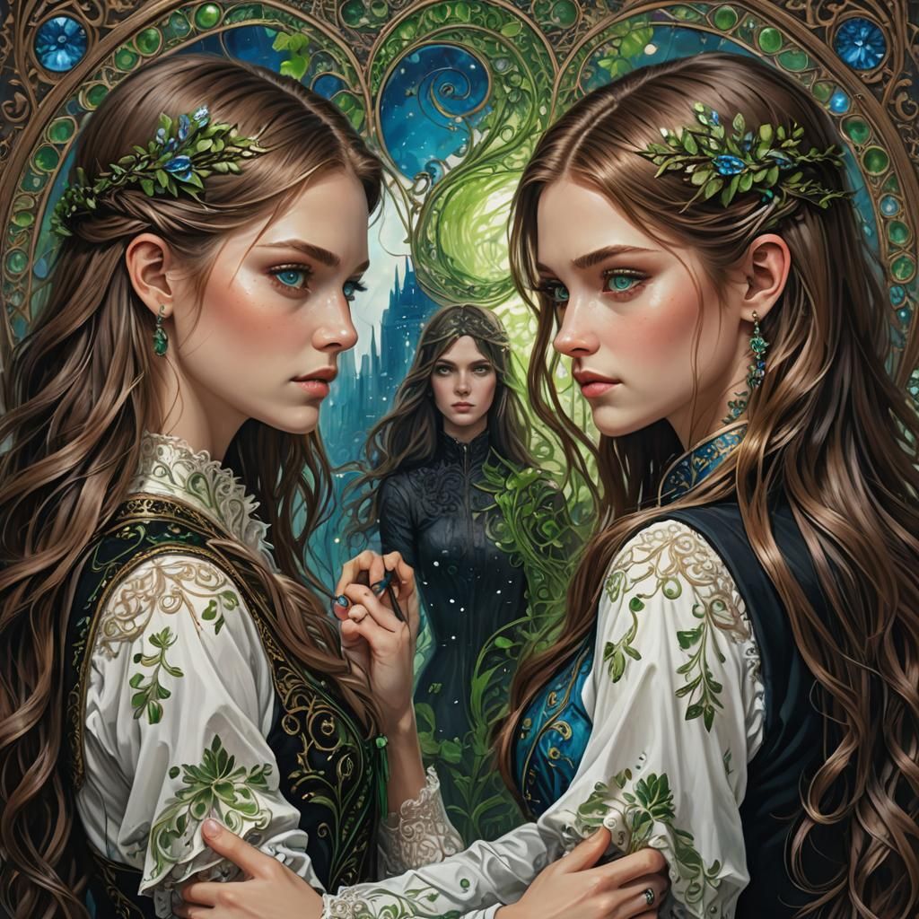 Two Girls Back to Back: A Fantasy Concept Art