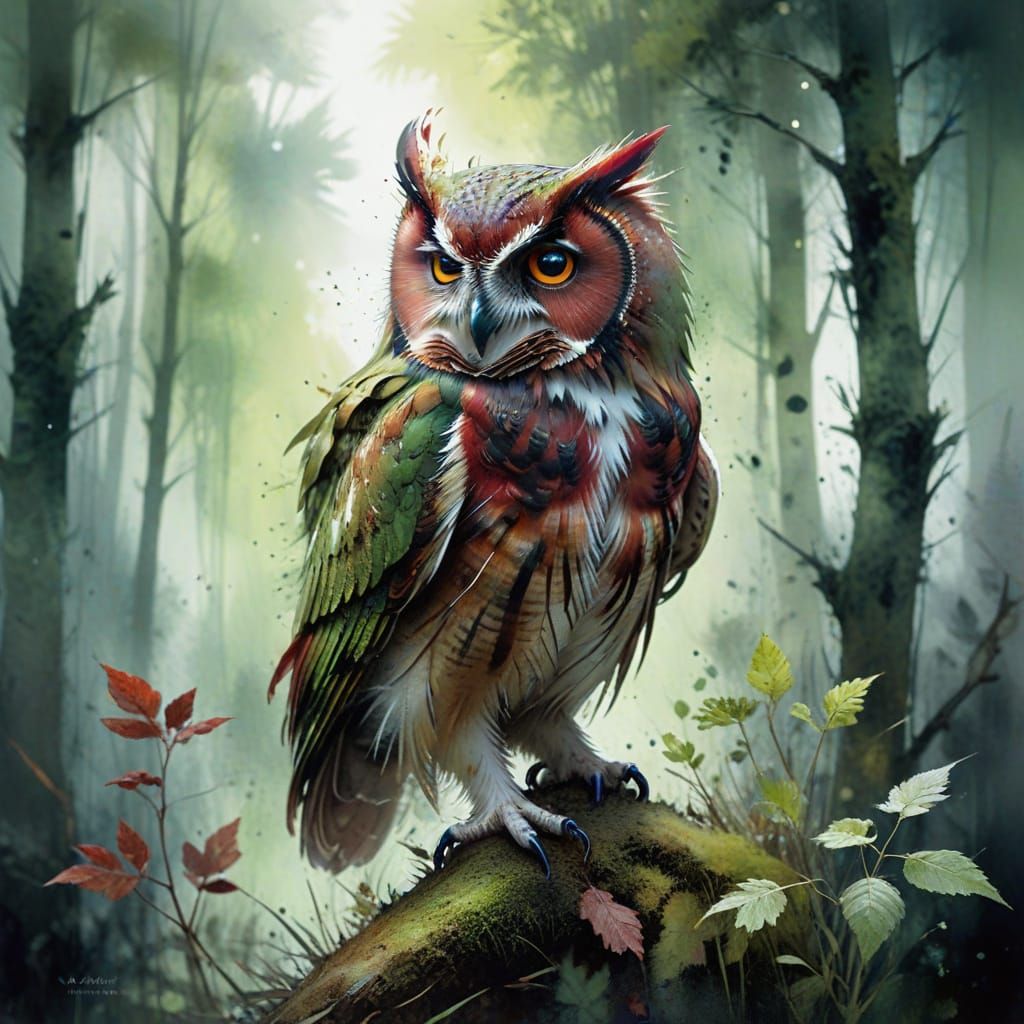 Burgundy Owl in Misty Forest at Green Hour