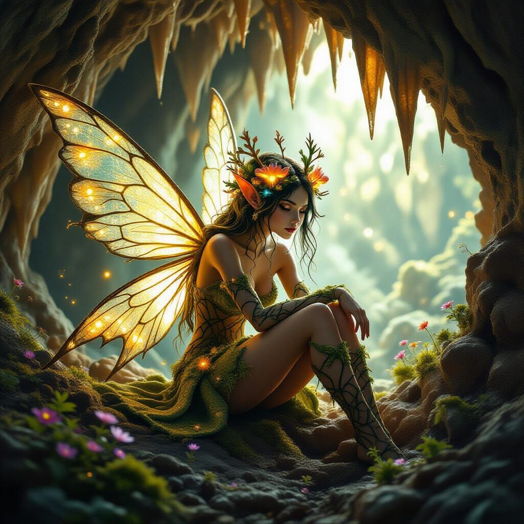 Cave Fairy with Bioluminescent Flora in Fantasy Realism