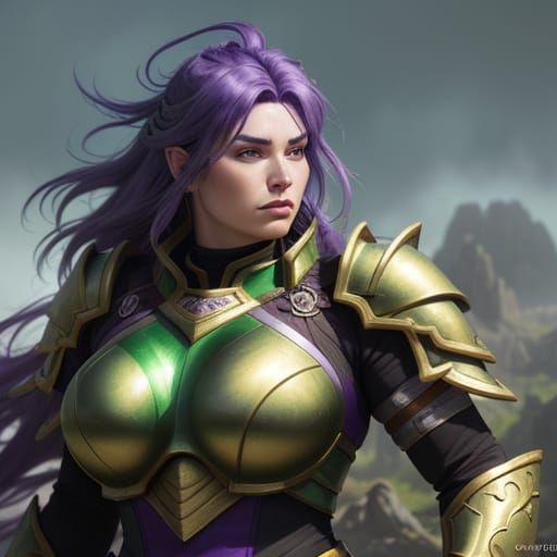 Fantasy Warrior with Purple Hair in Detailed Matte Style